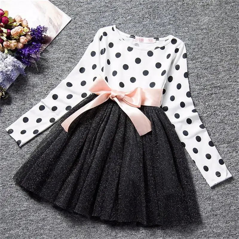 2020 Autumn Winter Girl Dress Long Sleeve Polka Dot Girls Dresses Bow Princess Teenage School Casual Daily Wear Vestido | Детская одежда