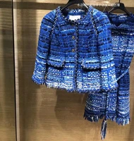 2018 greece series women tweed jacket amazing sapphire slim outerwear unique gradient blue casaco feminino office abrigo mujer