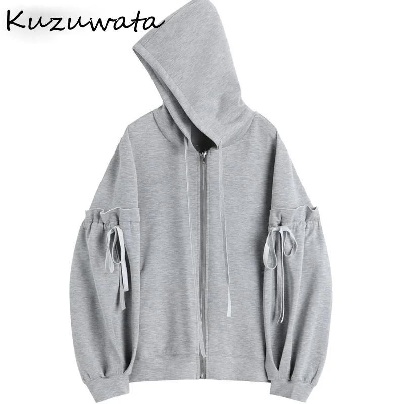 

Hooded Sleeve Long Solid Hoodies Women Drawstring Design Zipper Loose Sweatshirt Femme Spring 2021 New Wild Ladies Top
