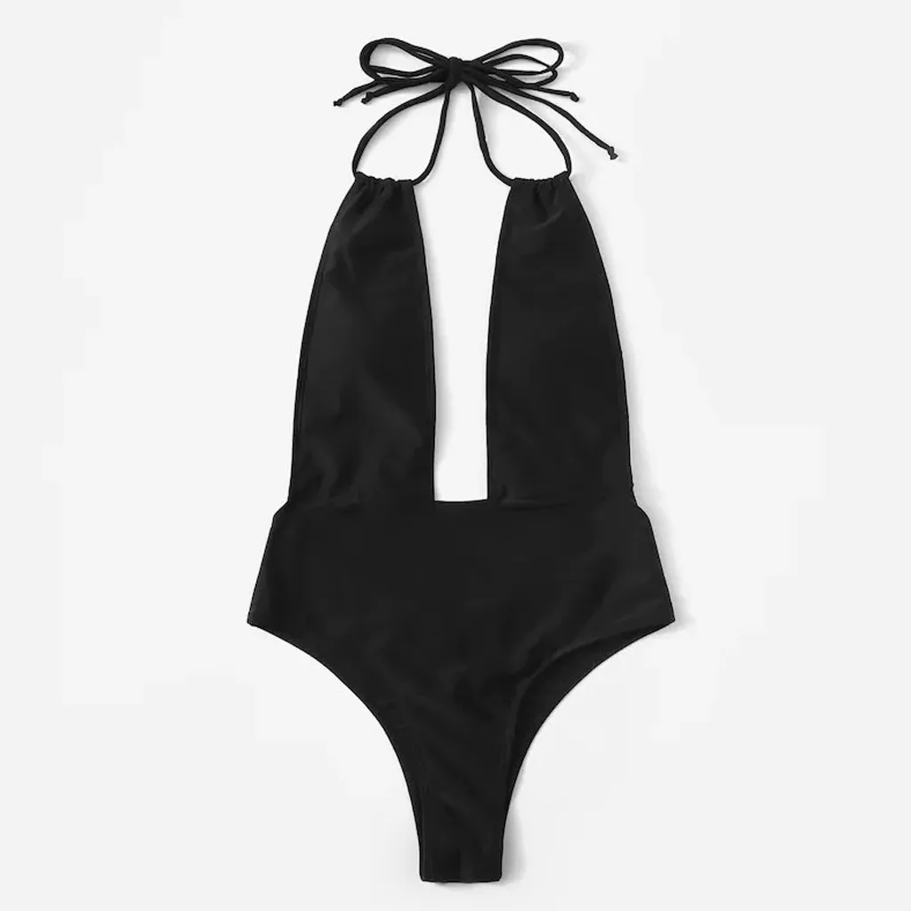 2020 сексуальный сдельный купальник черный на бретельках шнуровке для женщин без