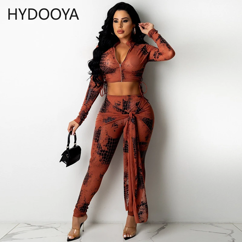 

Plus Size Print Sexy Two Piece Set Women Zipper Up Long Sleeve Crop Top and Tied Up Pencil Legging Matching Set Autumn Tracksuit