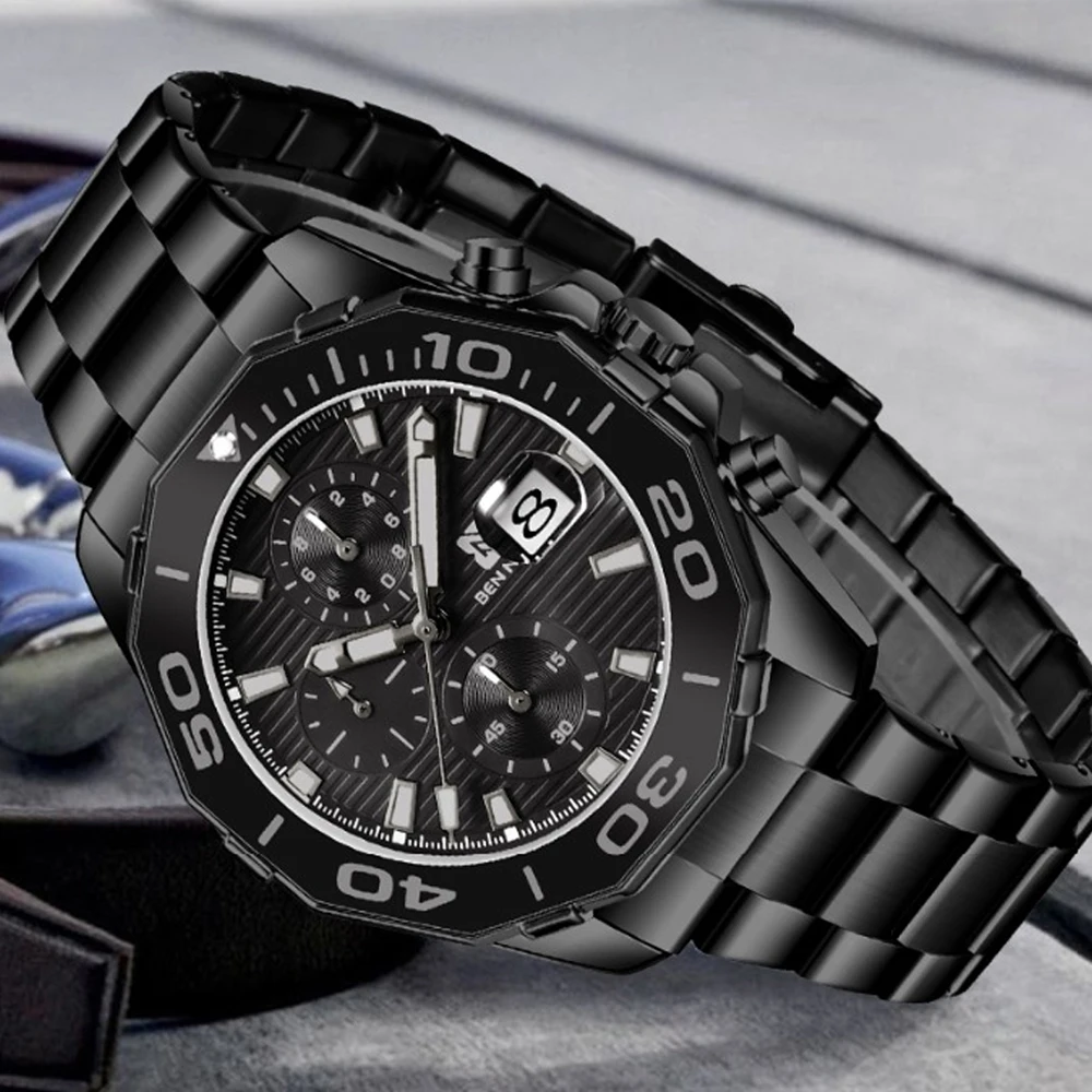 

Popular Men Wrist Watch Business Style Waterproof Dive Stainless Steel Multifunction Luminous Automatic Chronograph Dropshipping