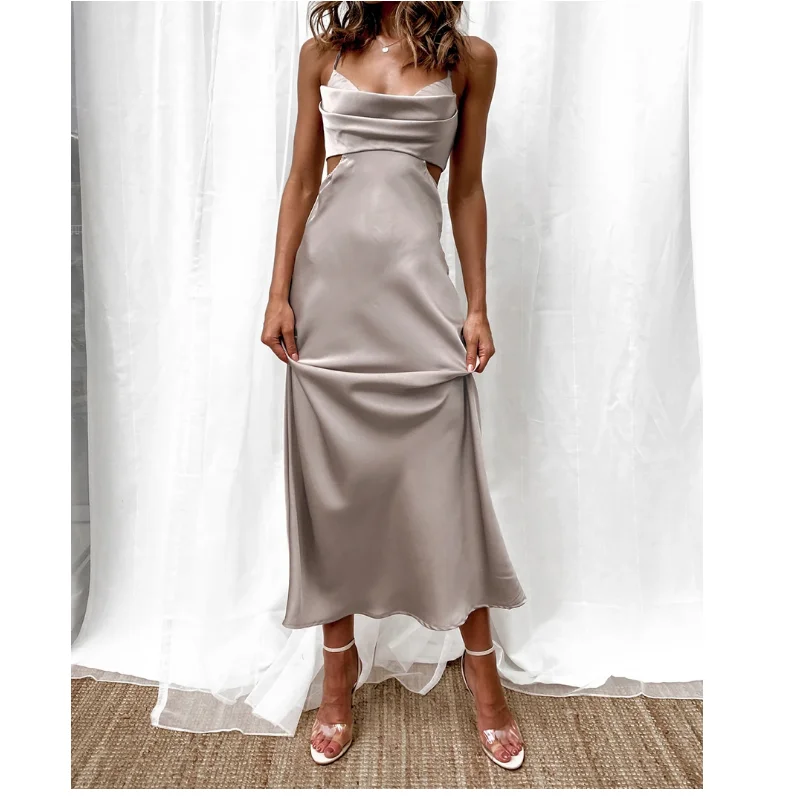 

Fashion 2021 Women Dress Spring Summer New Satin Solid Color Sling Dress Female Sexy Temperament Hollow Halter Inner Long Skirt