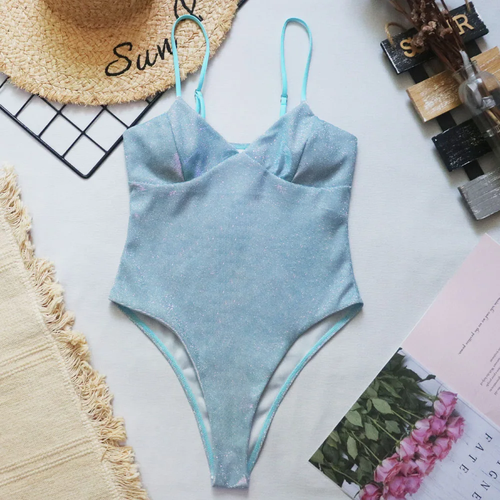 

New Sexy Shiny High Cut Push Up One Piece Swimsuit Women Swimwear Female High Cut Monokini Bather Bathing Suit Swim Lady