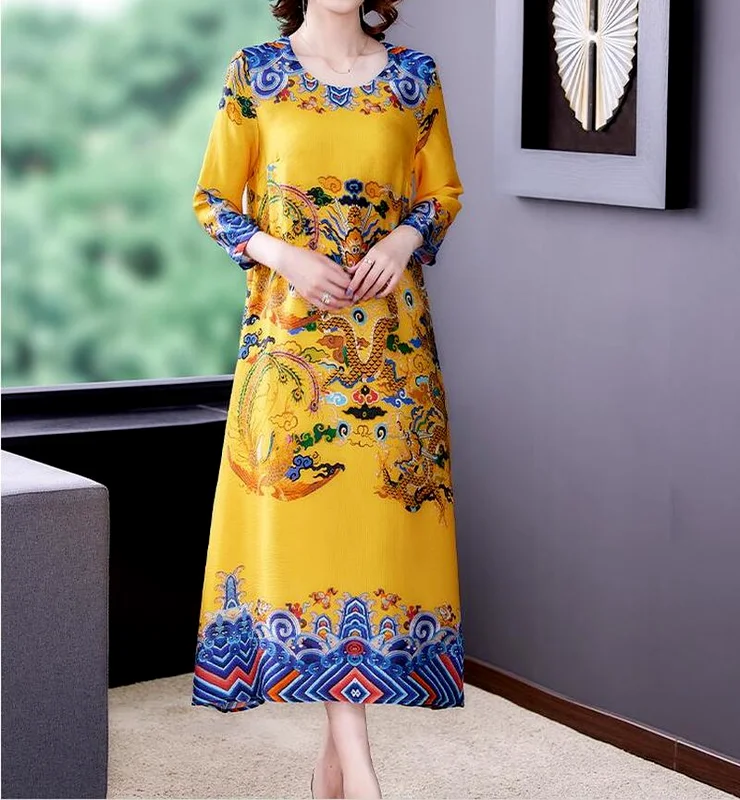 

Chikichi 2021 Silk Dress Female Spring and Summer New Round Neck National Trend Loose Retro Mulberry Silk Large Size Long Skirt