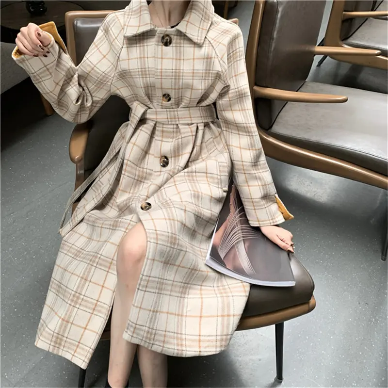 

Alien Kitty Chic Sweet Plaid Sashes Women Gentle Comfortable Woolen Cotton Long Winter Warm Elegant Soft Female Lace-Up Coats