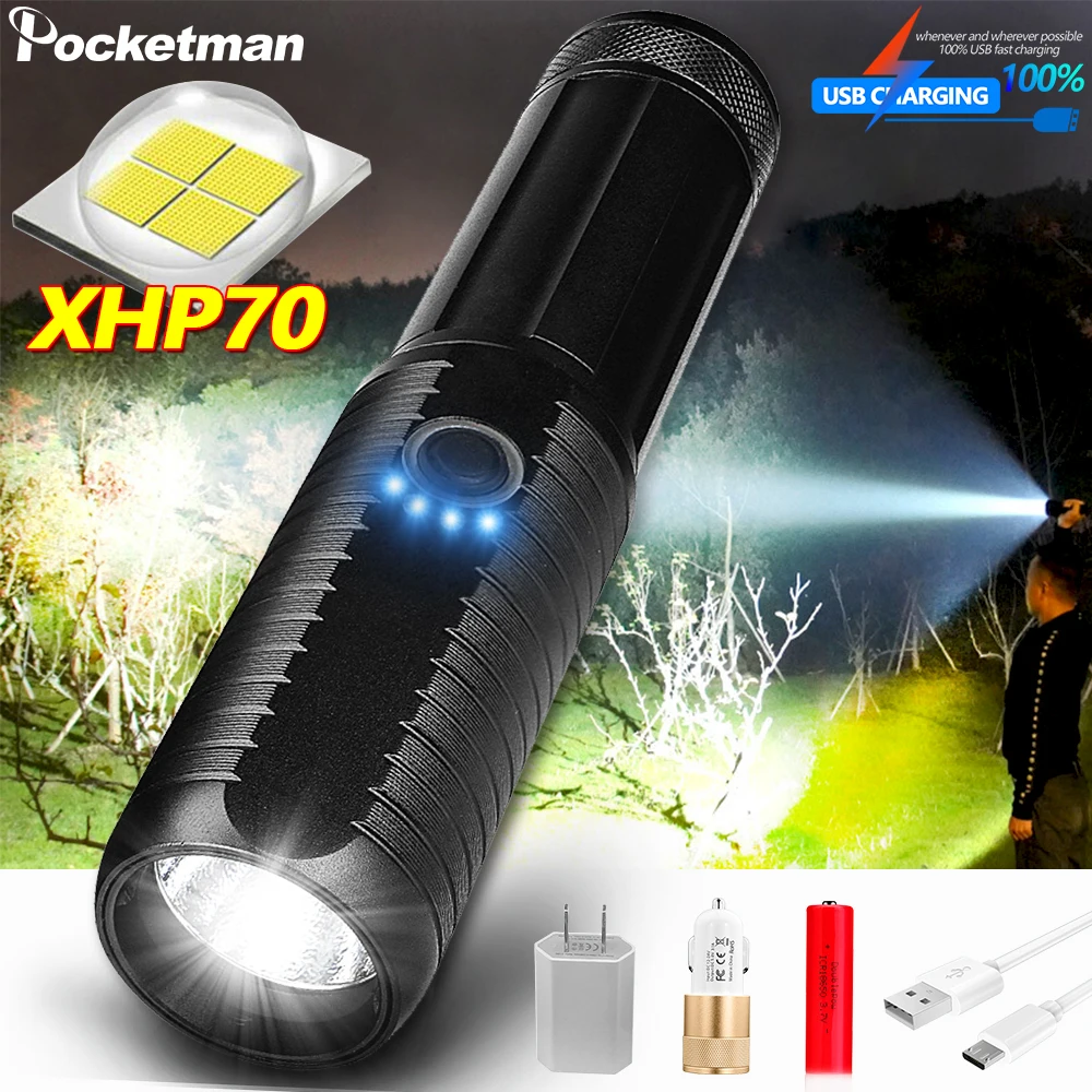 Сверхмощный светодиодный фонарик XHP70 USB XHP50 масштабируемый тактический фонарь 18650