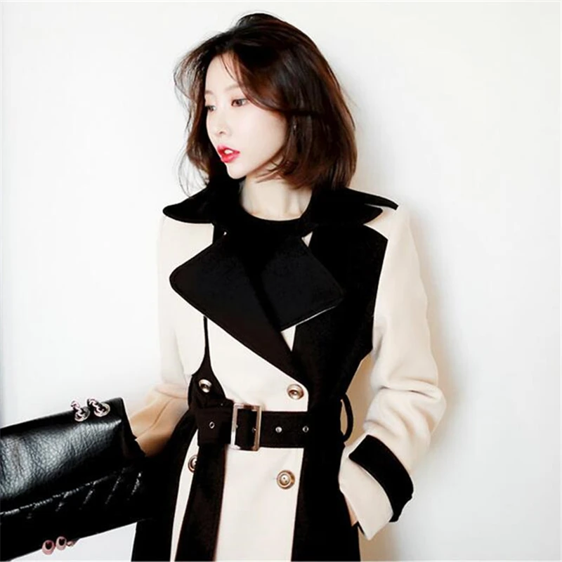 

Fashion New Wool Coat Women Long Autumn winter Korean Splice Imitation Woolen Coat Sashes Slim Office Wool Jacket Women Overcoat