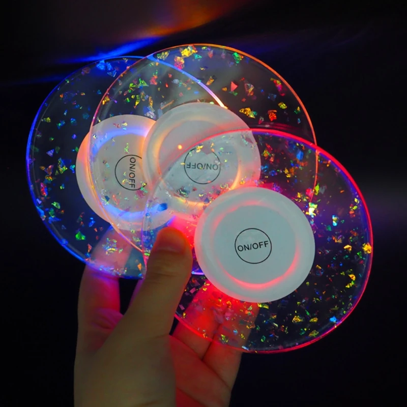 

R3MC 4pcs LED Light Up Tea Cup Round Coaster Molds Glowing Luminous Discs with Storage Rack Stand Resin Mould DIY Crafts