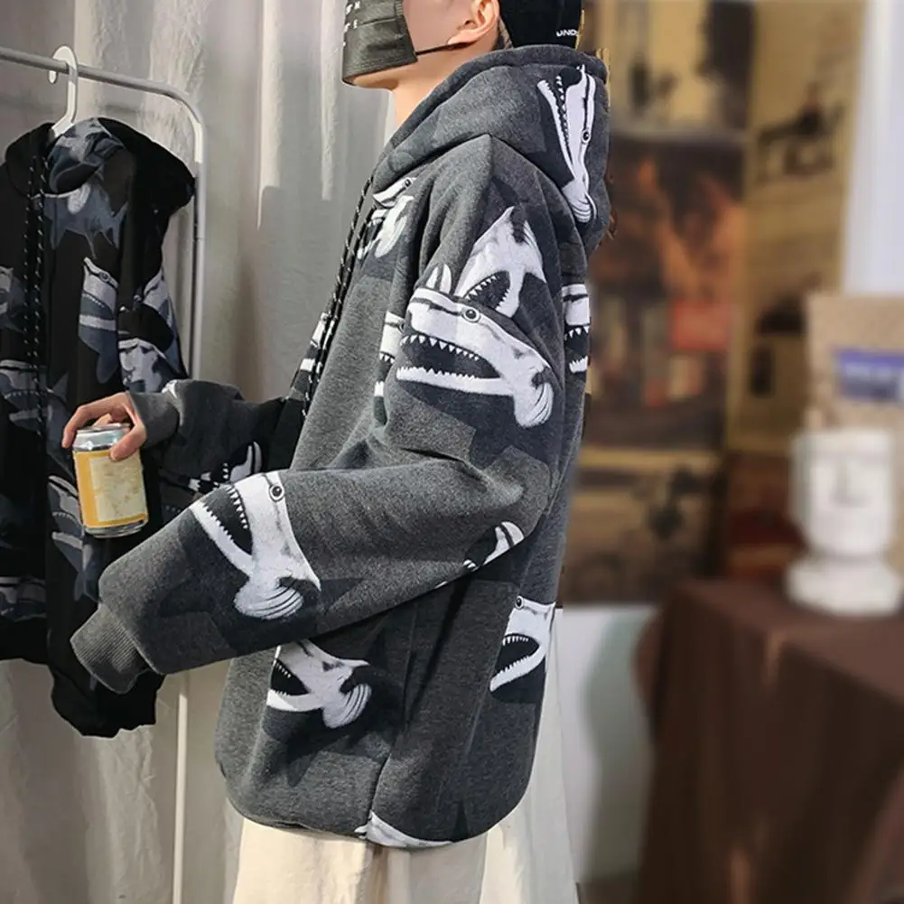 

Men New Hoodie Suit Fashion Print Autumn Casual Men Autumn Sharks Print Long Sleeve Drawstring Hoodie Plush Thick Sweatshirt
