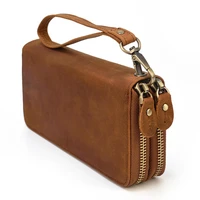 vintage men double zipper wallet long genuine leather clutch purse male handy phone pouch bag business wristlet money clucth bag