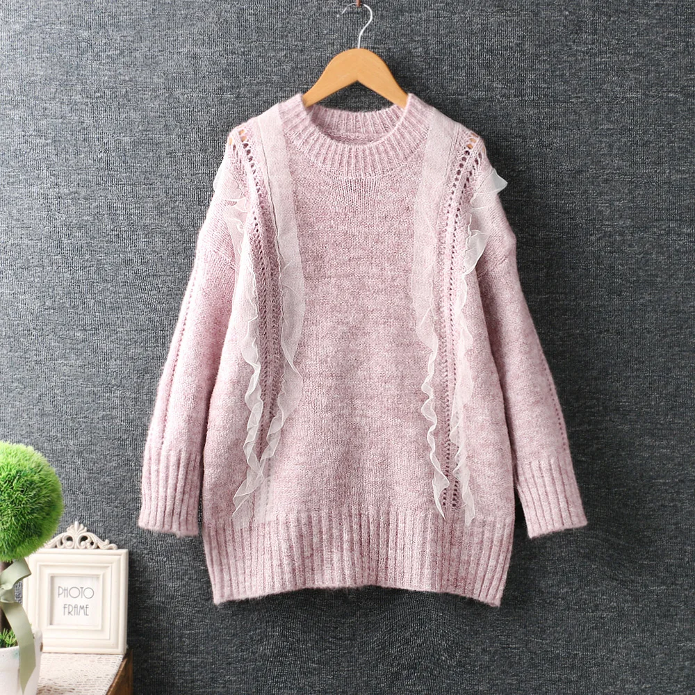 

2021 new autumn and winter sweet O-neck lace patchwork mohair kintting mid long loosen women sweater