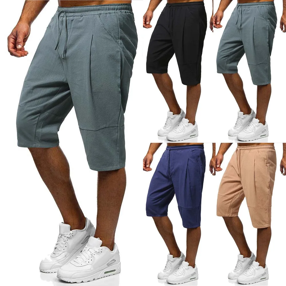 

Mens Cotton Linen Drawstring Shorts Trousers Summer Casual Cargo Fitness Pants Compression Pant Male Tights Leggings For Running