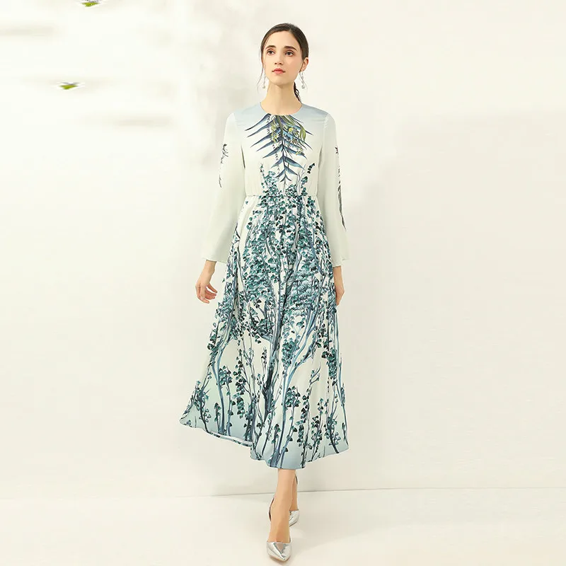 

Весна-лето 2020, новейшее платье высокого качества с принтом листьев, элегантное тонкое повседневное офисное женское длинное платье, женские ...