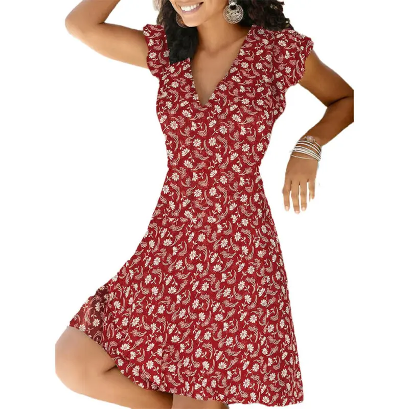 

Womens Floral Print V-neck Short Sleeve Mini Dress Summer Beach Holiday Sundress