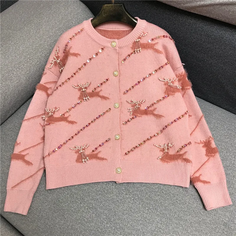 

Роскошный брендовый дизайнерский вязаный свитер для женщин с круглым вырезом, ручная работа, бисероплетение, кисточки, олень, Флокированны...