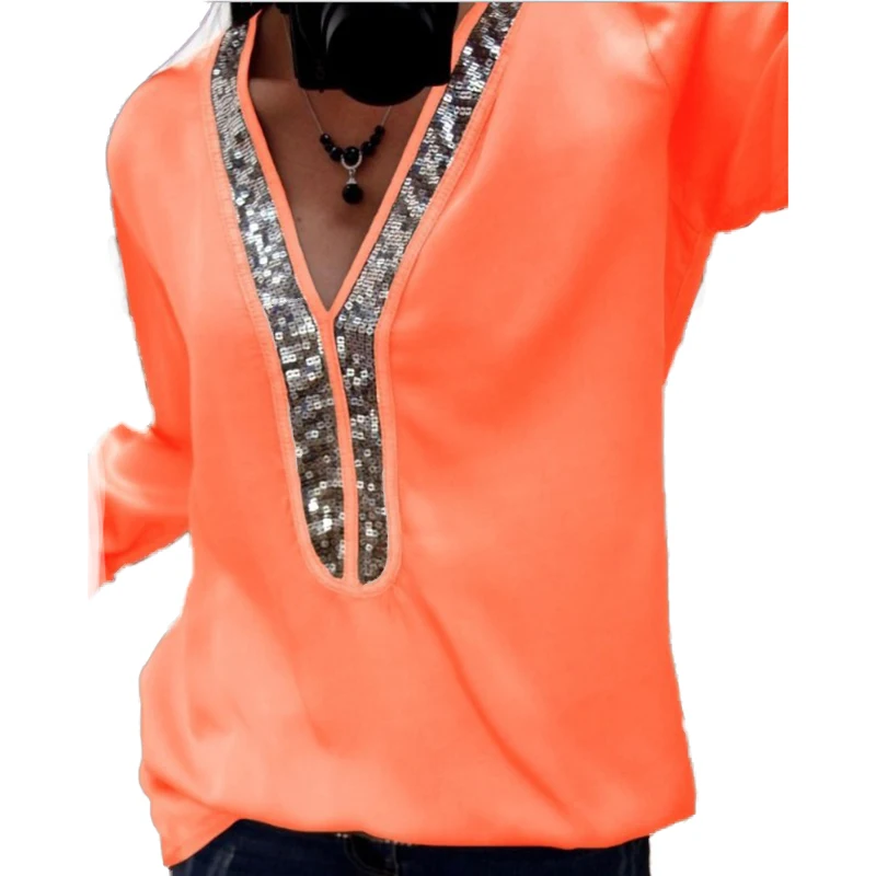 Женская шифоновая футболка с длинным рукавом V-образным вырезом и блестками |