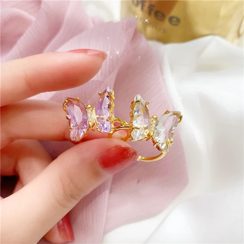 

Shiny Accessories Elegant Colorful Transparent Glass Butterfly Ring for Women Simple Style Candy Color Rings