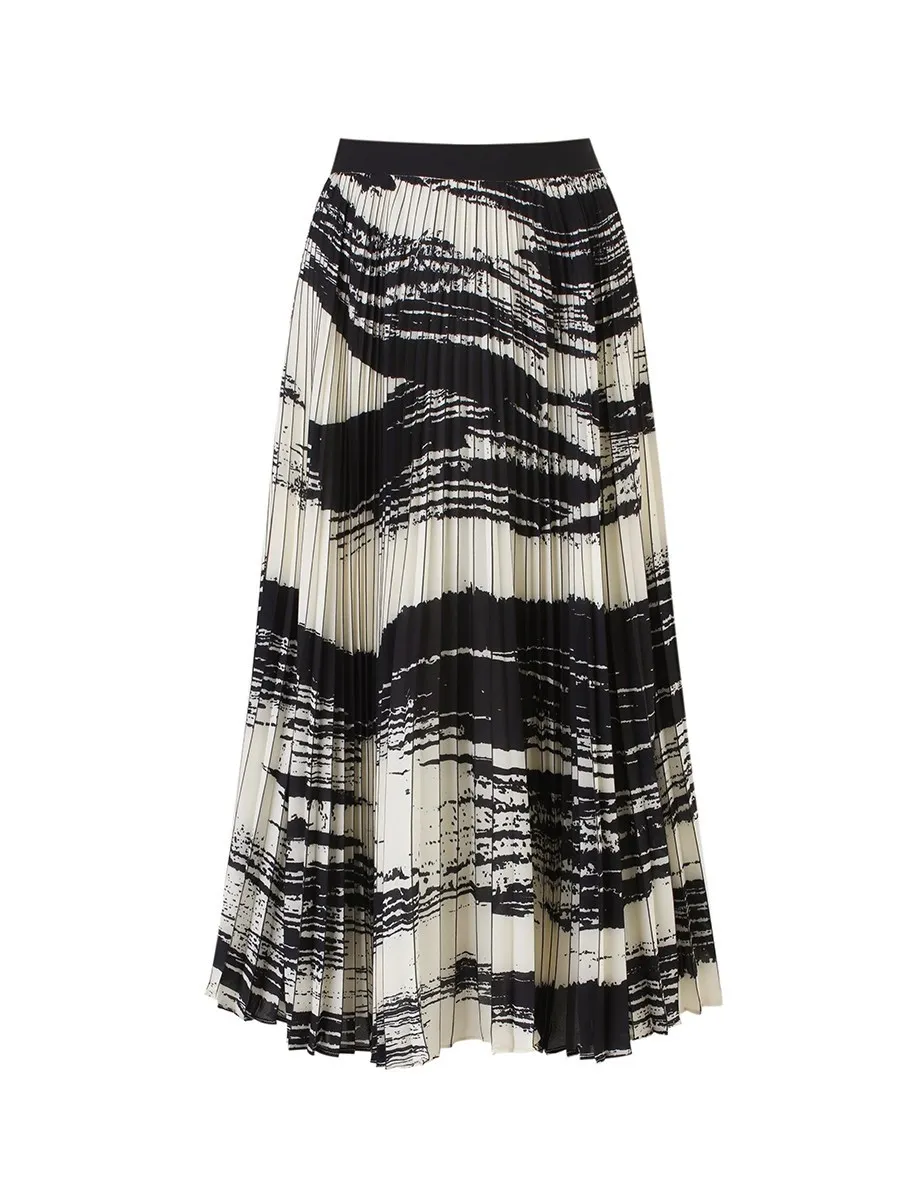 Elegant Contrast Color Ink Print Pleated Slimming Skirt Women 2021 New Spring And Summer Mid-length Skirt