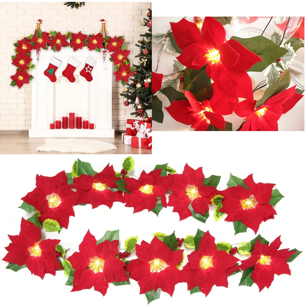 

Рождественский венок Poinsettia, цветы, гирлянда, Рождественское украшение для свадьбы, сада, двери, сказочные огни, Рождественское украшение, но...