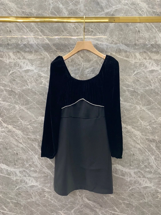 

2021 new women fashion wide-collar silk velvet stitching waist long-sleeved beaded dress 901
