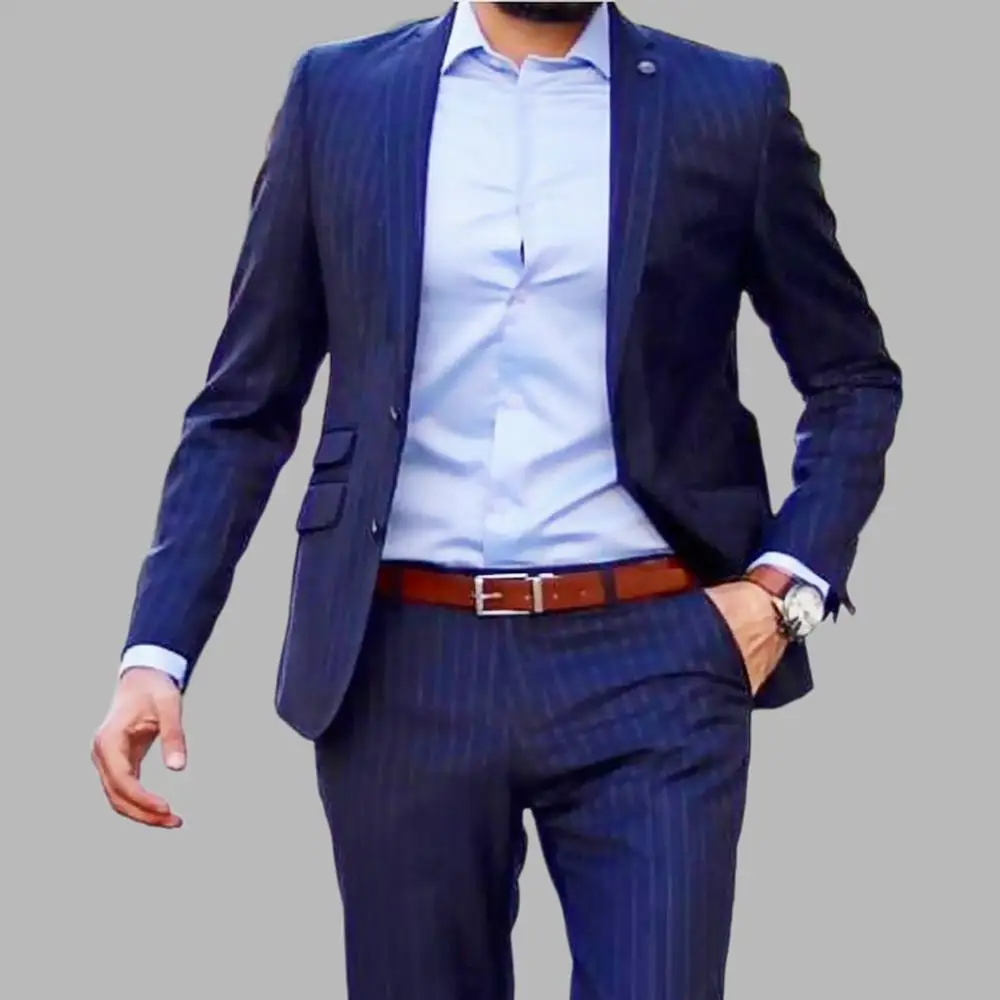 

2PCS Navy Mens Suit White Striped Casual Coat+Pants Tuxedo Groom Suits For Men Wedding 2020 Party Notch Lapel Male Slim Blazers