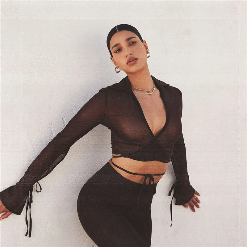 

Rockmore Sexy Mesh Transparent Crop Top y2k Long Sleeve T Shirt Women'S Tops V-neck Bandage T-Shirt Harajuku Tee Summer Clothes