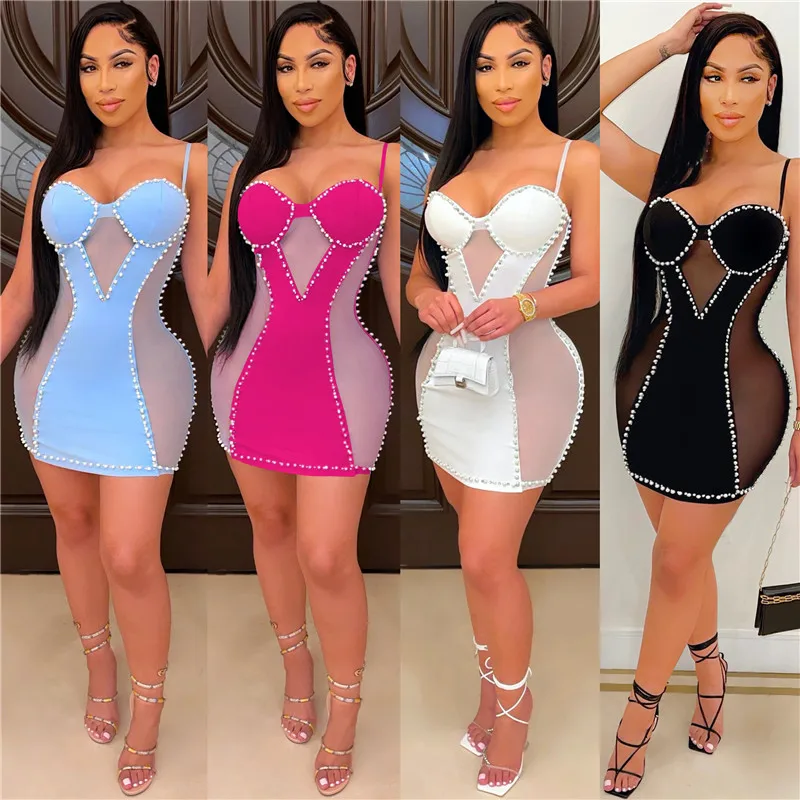 

2021 Pearls Accent Sheer Mesh Patchwork Spaghetti Straps Mini Dress for Women Sexy Strapless Bodycon Night Club Party Wear Robes