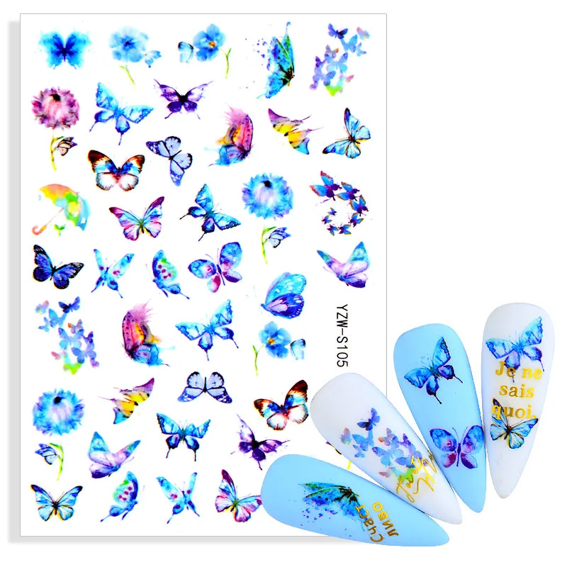 

3D Nail Sticker Decals Self-adhesive Design Stickers for Nails Blue Butterfly Flowers Stickers for Manicure Nail Art Decoration