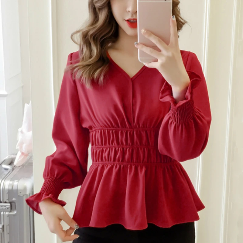 

Blusas Mujer De Moda 2021 Womens Tops And Blouses Long Sleeve Solid Red Chiffon Blouse Women Shirts Causal V-neck Clothes