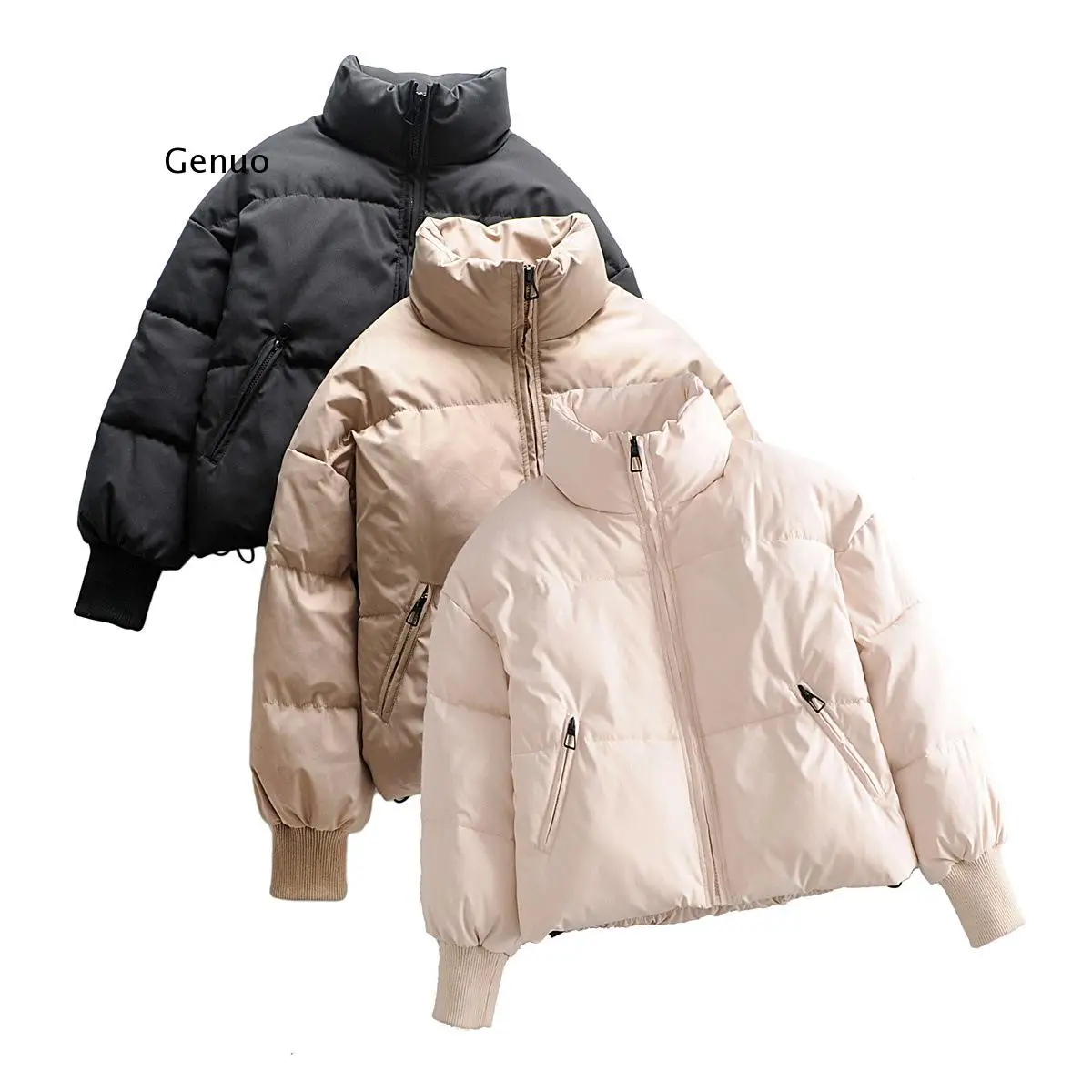 

Stand Collar Parkas Women Thick Warm Winter Bubble Coats Female Khaki Jackets Pockets Zipper Simple Overcoats