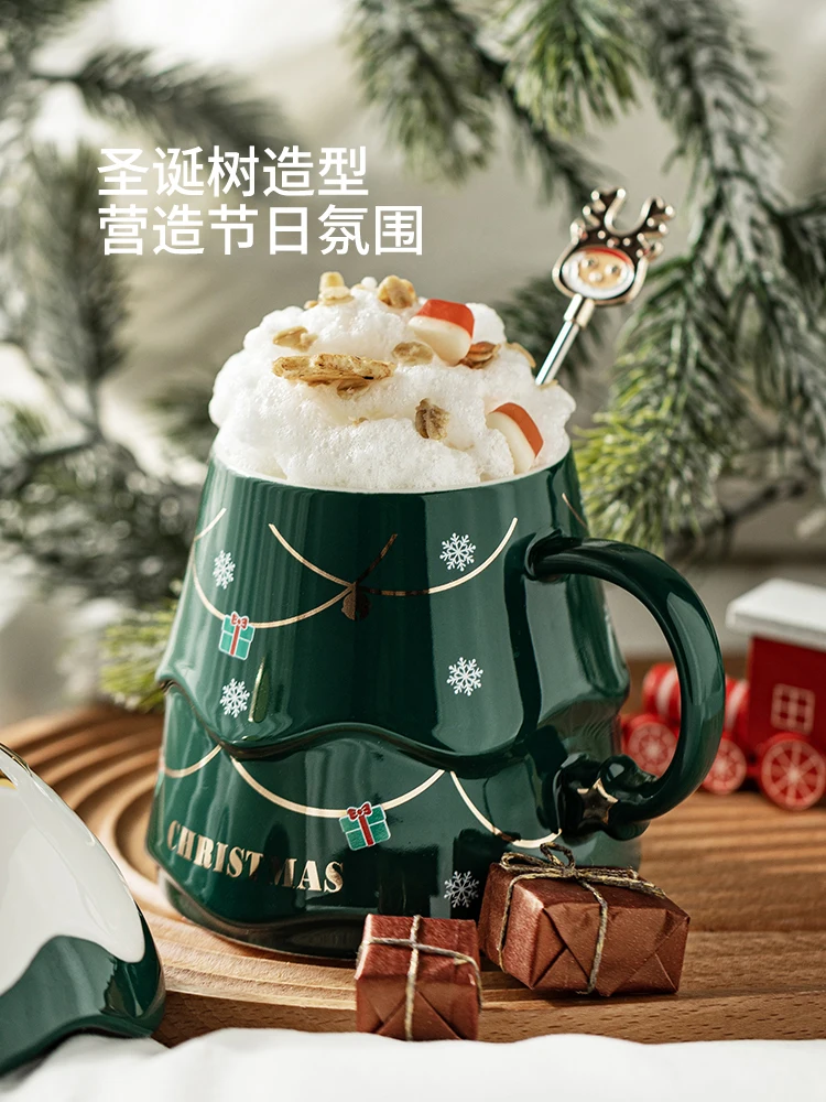 Taza con tapa, cuchara, taza de agua de cer&aacute;mica de gran capacidad para mujer, regalo de Navidad para el hogar, taza para pareja-1