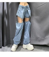 high street jeans women splice wide leg trousers hip hop cotton loose retro chain removable cool girls womens denim pants new