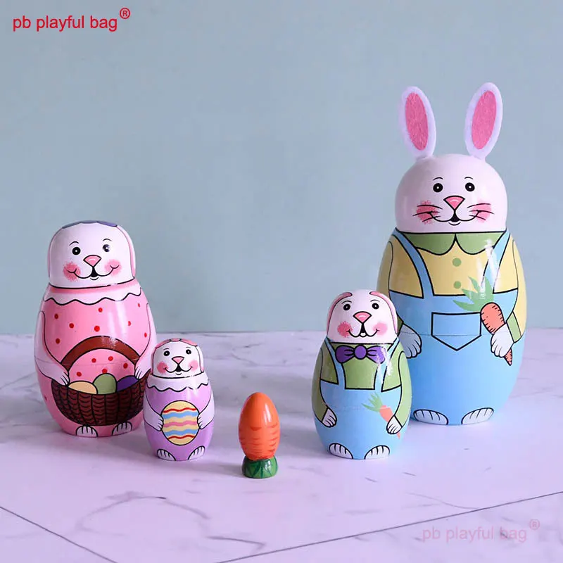 

PB Playful Bag Five layer cartoon rabbit animal Russian Doll Wooden home decoration crafts Children's fun toys gift HG187