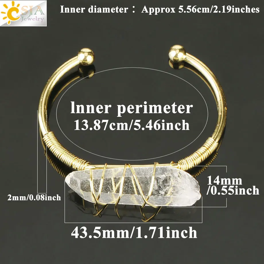 CSJA, браслет из чистого кварца с натуральным камнем, открытая манжета, проволока для браслетов, обертывание, неправильные Кристальные камни, медный браслет, Женские Ювелирные изделия G168