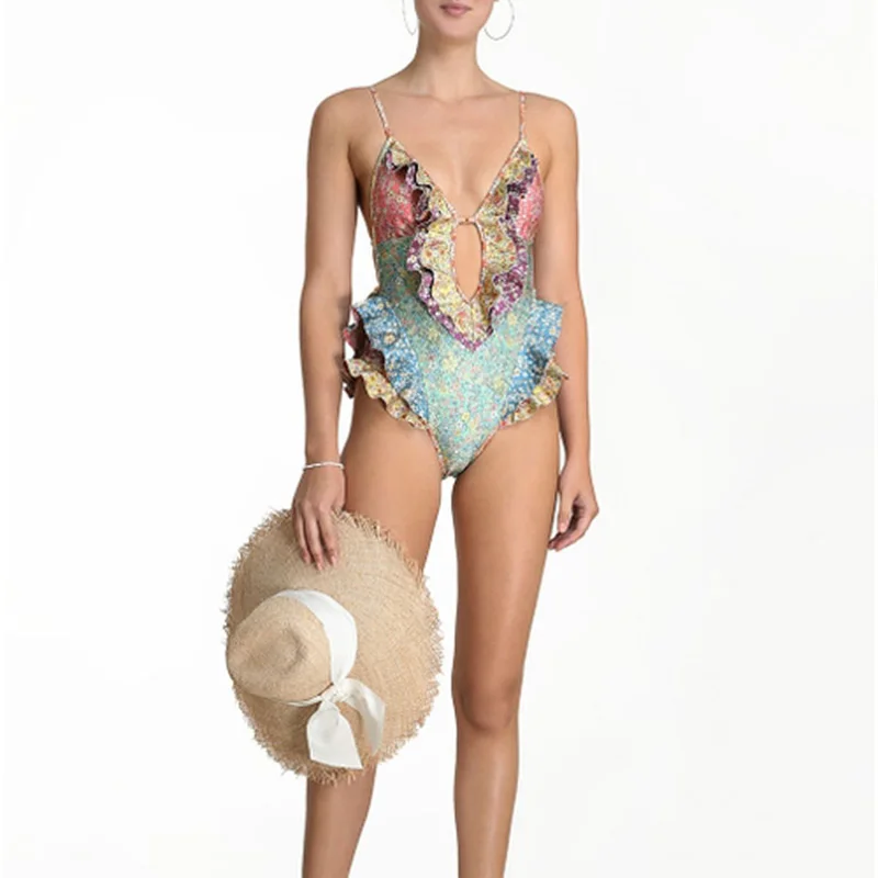 

ITOOLIN Summer Sexy Beach Cover Up Swimsuit Women One Piece Ruffle Thong Backless Biquini Bathing Suit Seaside Print Swimwear