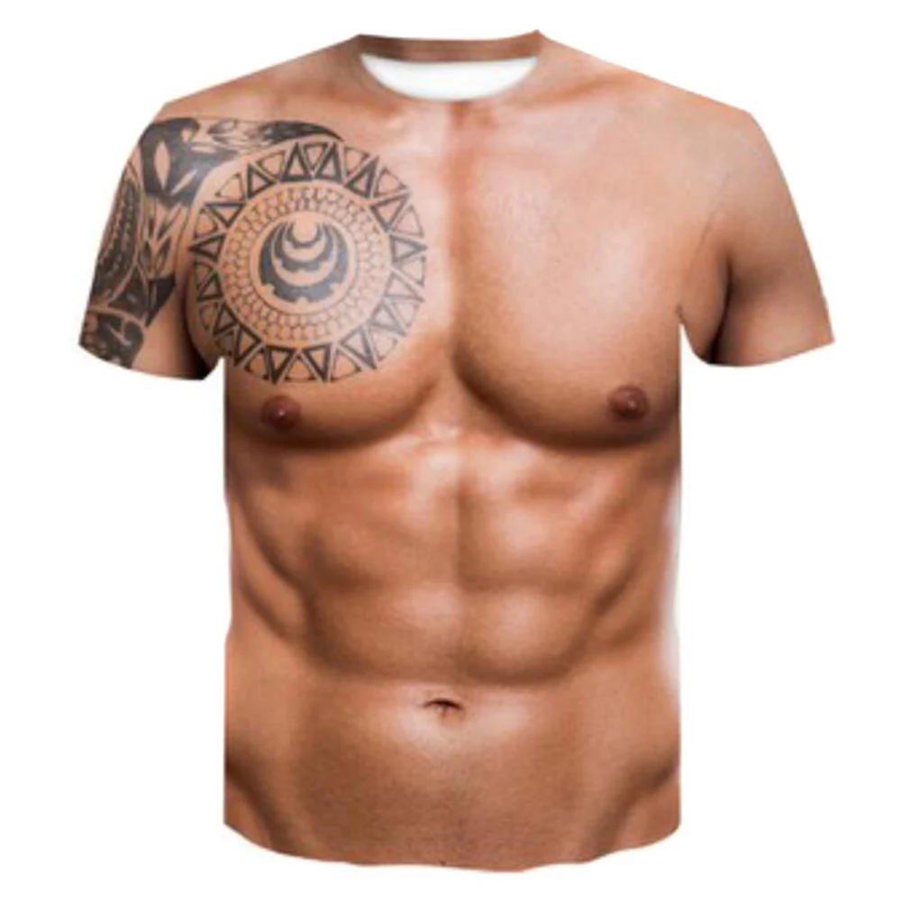 2021 Top Selling New Funny Muscle Tee Cool Tattoo Print T-Shirt Men Short Sleeve 3D Digital Printing Fake T-shirt | Мужская одежда