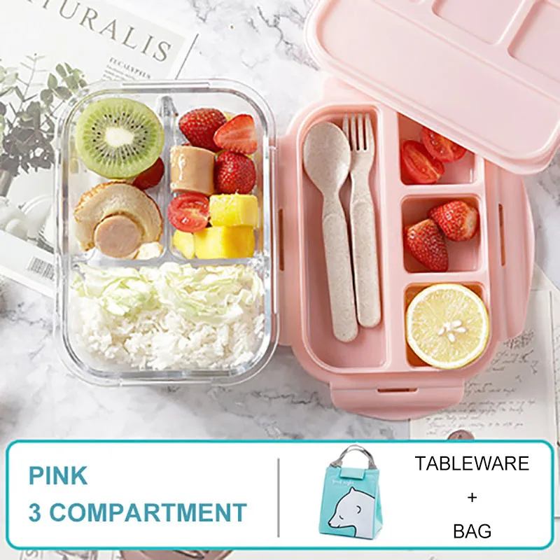 Baispo Ланч-бокс для детей стеклянный микроволновый Bento box контейнер для еды и отсек для хранения школы герметичный кухонный с подогревом - Цвет: Pink 3 gird set