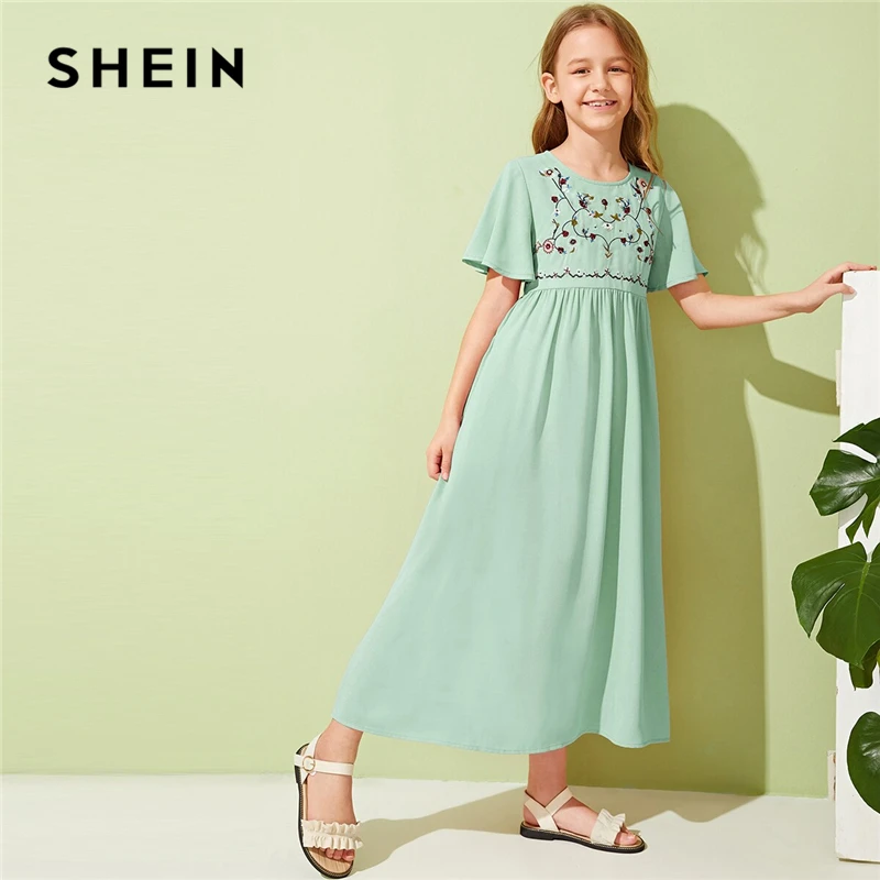 SHEIN/Детское платье для отдыха для девочек с вышивкой спереди и пуговицами; коллекция года; летние длинные платья трапециевидной формы с рукавом-бабочкой в стиле бохо для детей
