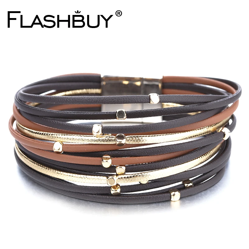 Женский кожаный браслет Flashbuy многослойный на магнитной застежке с