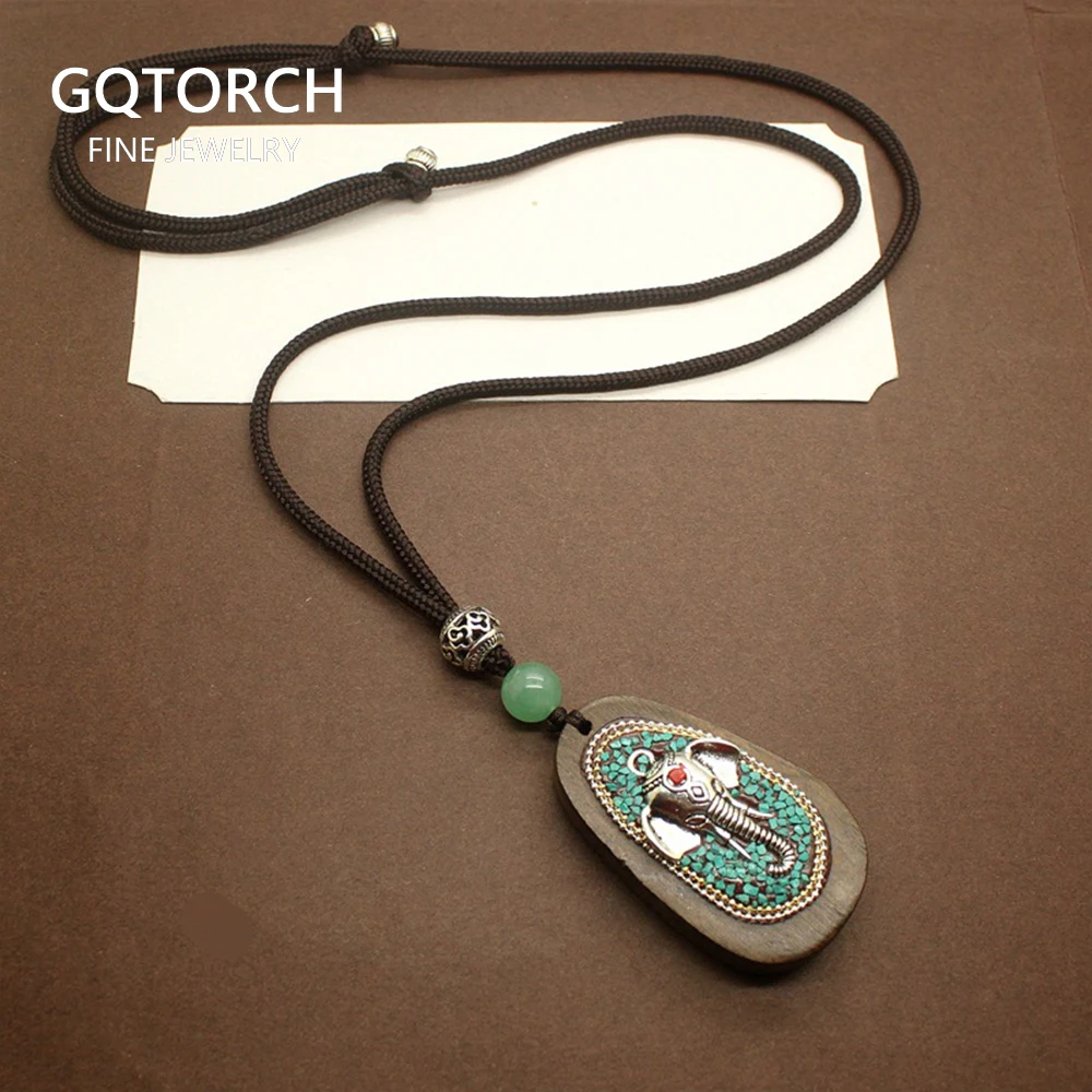 Длинная цепочка на свитер из сандалового дерева кулон со слоном Фортуны ожерелье