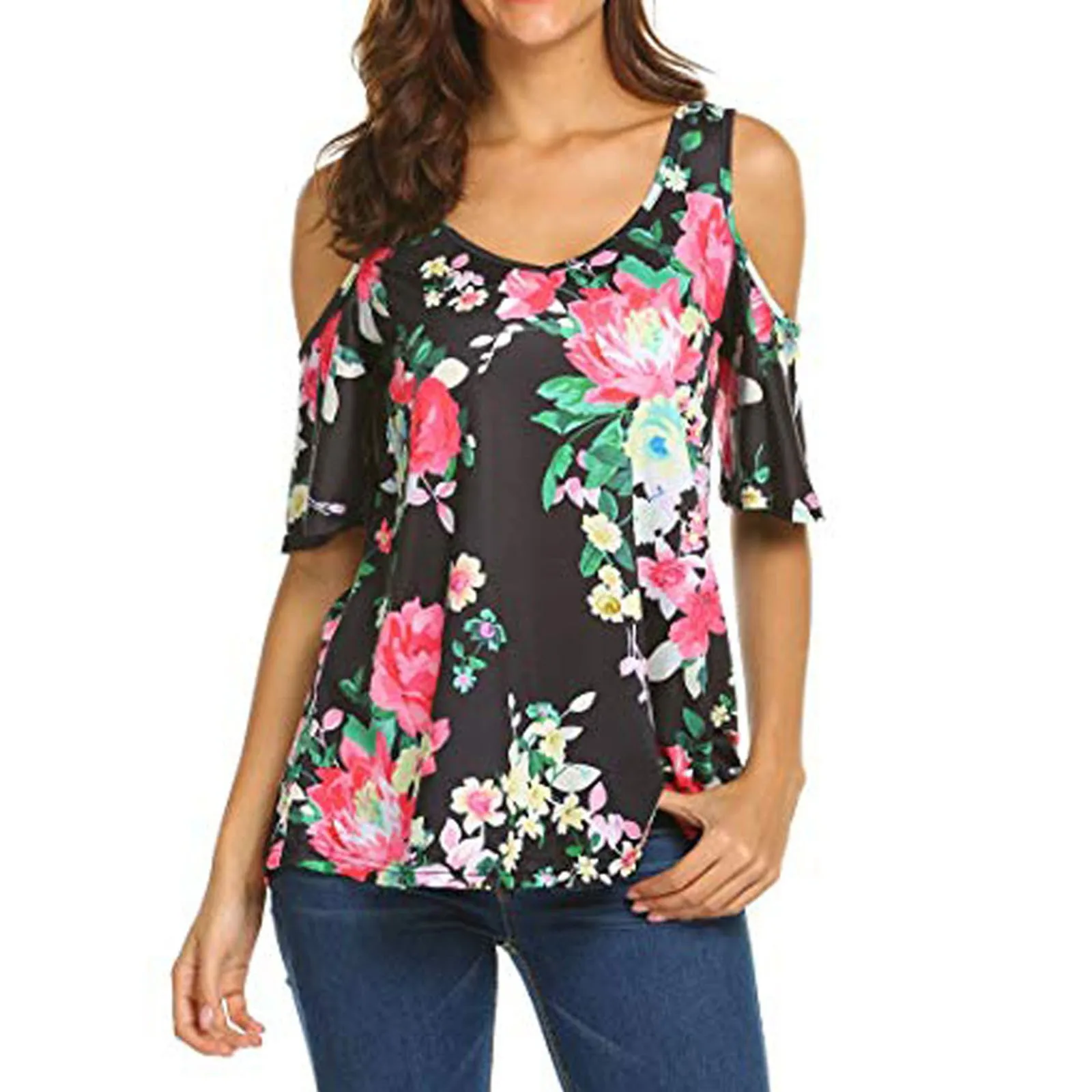 Футболка женская летняя с цветочным принтом и открытыми плечами | Женская одежда
