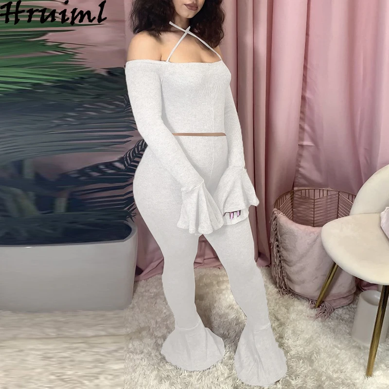 

Sexy 2 Piece Set Club Outfits for Women Solid Fashion Long Sleeve Slash Neck Flare Pants Sets Plus Size Skinny Tracksuit 2020