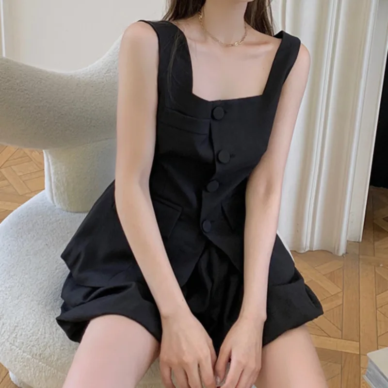 

2021 Summer Fashion 2 Piece Sets Womens Outfits Xiaozhong Sleeveless Tank Top Single Breasted Camisole + High Waist Bract Shorts