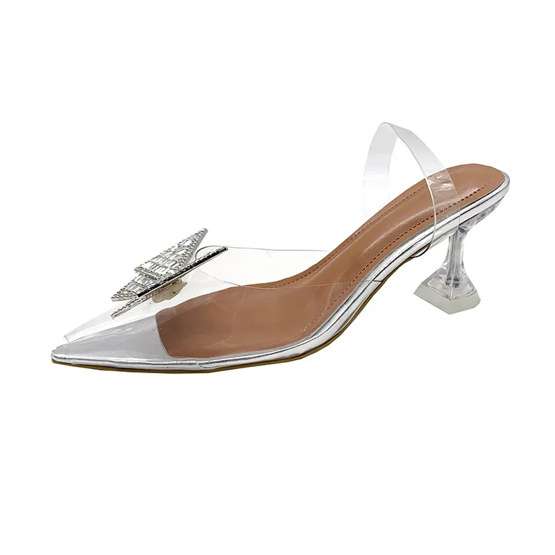 

French Crystal High Heels Women 2021 Spring And Summer Rhinestone Bow Pointed Toe Toe Transparent Stiletto Sandals