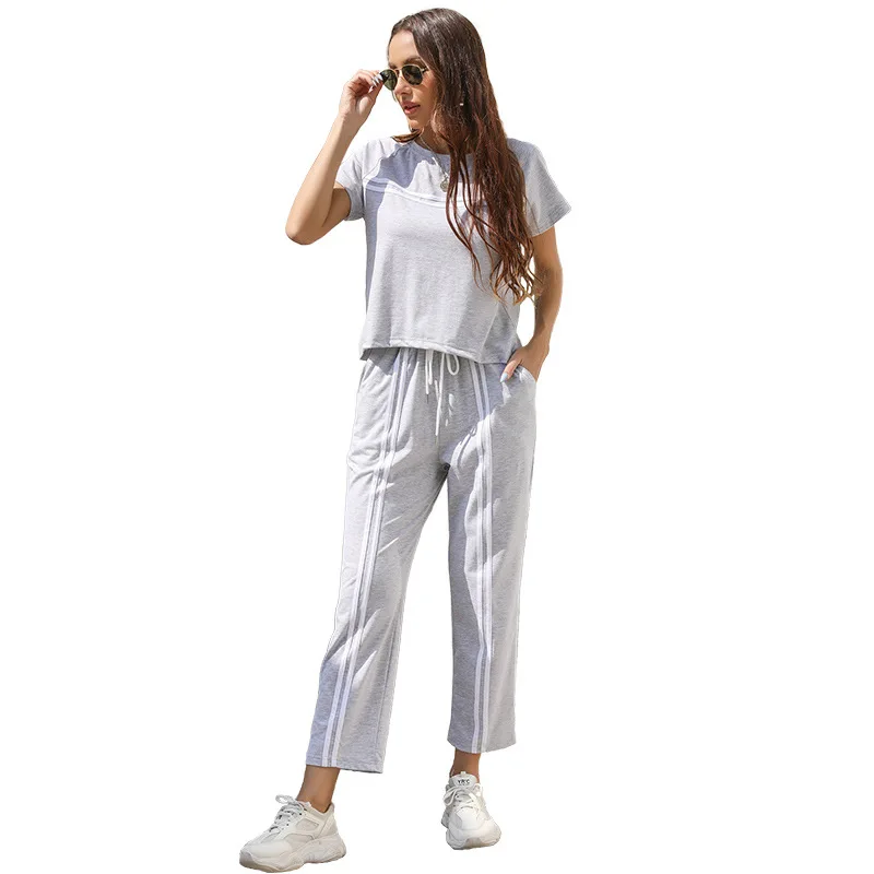 

2021 New Women's Tracksuit Summer Short Sleeve Crop Top Stripe Round Neck T-shirt Home Casual 2 Piece Sets Womens Outfits