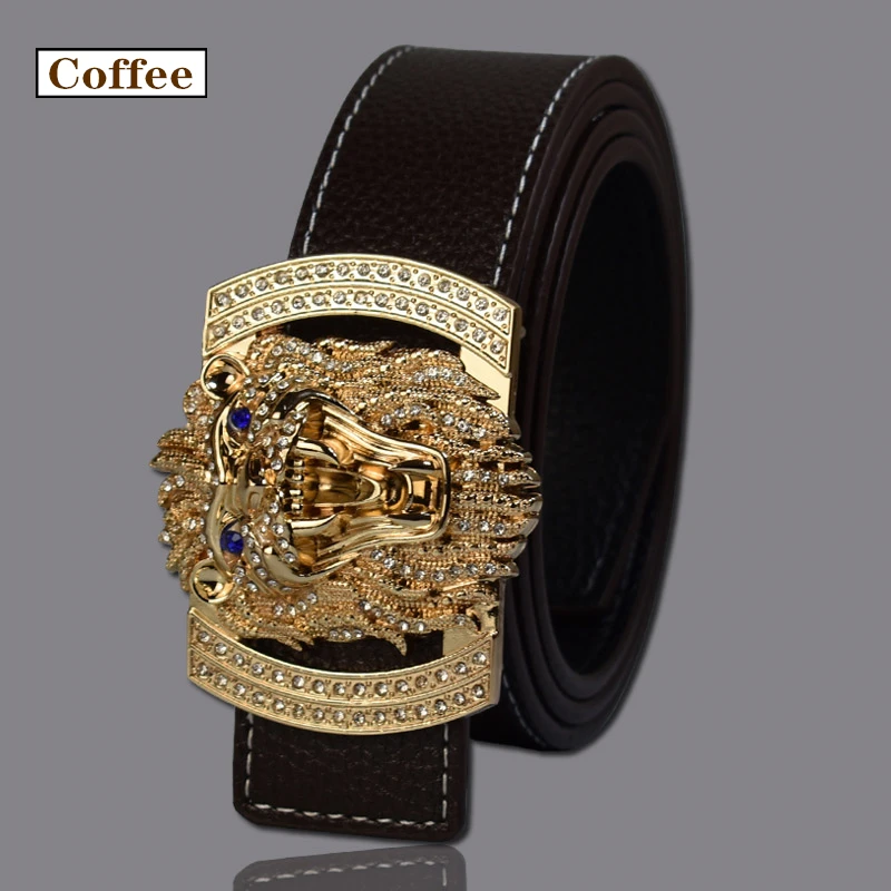 Coffee JXQBSYDK Роскошные брендовые ремни для мужчин и женщин модные блестящие алмазные пряжки с головой льва высокое качество пояс формирователь кожаные ремни - Цвет: Coffee