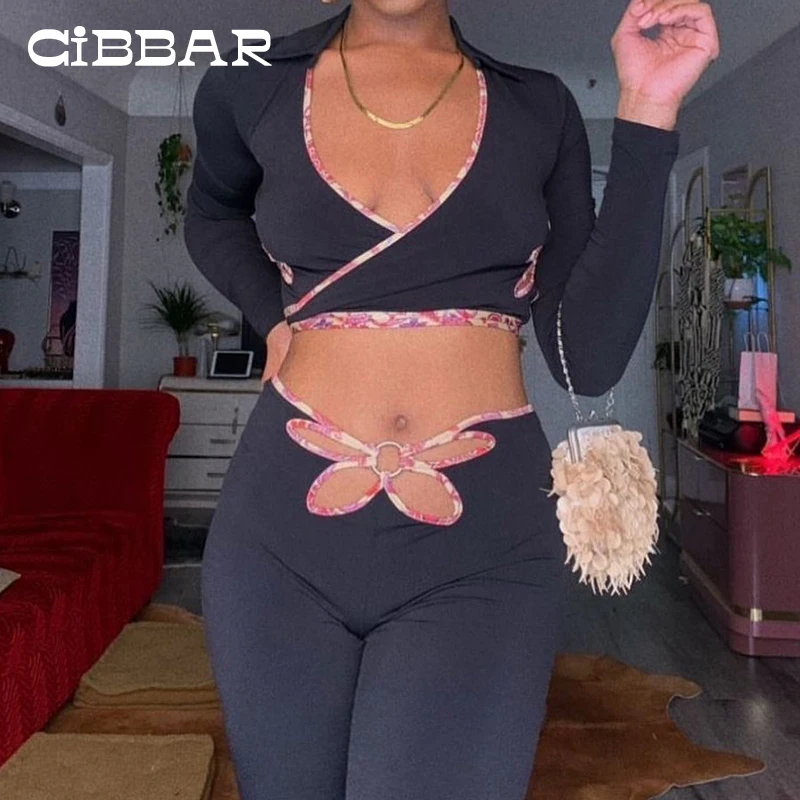 

CIBBAR Flower Hollow Out Two Piece Sets Women Cute Long Sleeve Bandage Tracksuits Casual Skinny Matching Partywear Fashion 2021