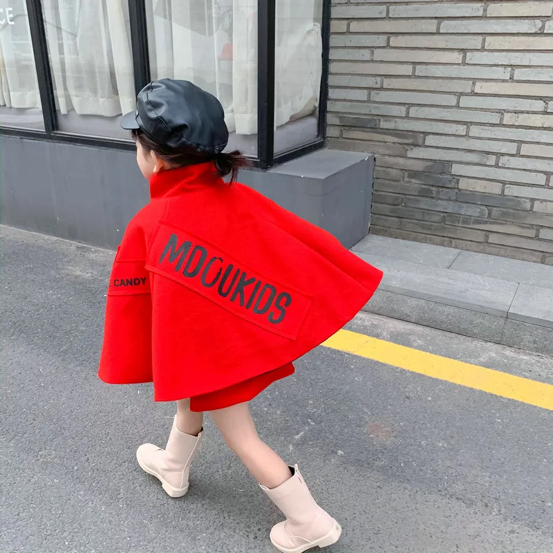 

Kid Girls Red Woolen Capes 2019 Winter Letter Cloak with Zip Red Woolen Jackets for Toddler Girls Outerwear and Coats Outer Robe