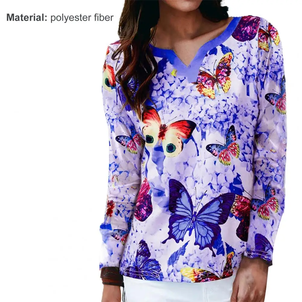 

2021 Women T-shirt Positioning Butterfly V Neck Print T Shirt Uniform Clothing Long Sleeve V-neck Working Blouse Top Pullover f